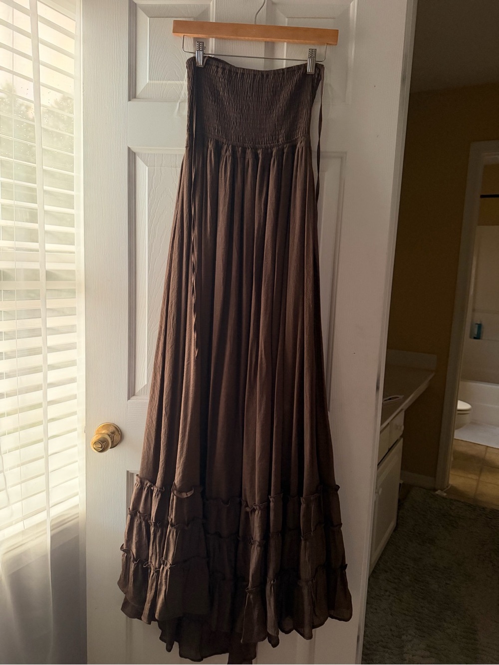HYFVE Brown Strapless Maxi Dress with Ruffle Hem